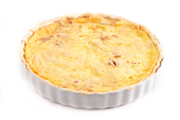 A Whole Quiche Lorraine Isolated on a White Background