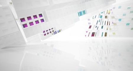 Fototapeta premium Abstract white and colored gradient glasses interior multilevel public space with window. 3D illustration and rendering.