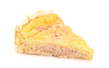 A Slice of Classic Quiche Lorraine Isolated on a White Background