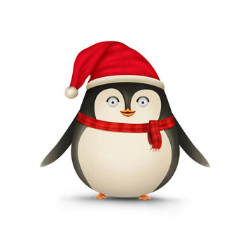 Cute Christmas Penguin eyes opened with Santa’s Cap and Red Scarf illustration isolated on white background
