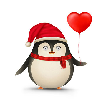 Cute Christmas Penguin with Santa’s Cap Red Scarf, and red heart shaped balloon illustration isolated on white background