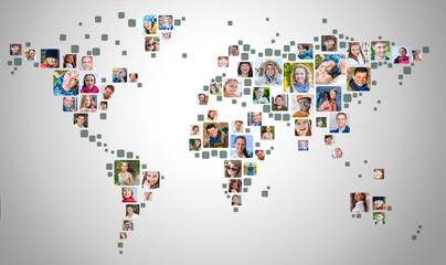 Collection of people portraits placed as world map shape. Global Business Concept - Powered by Adobe