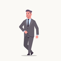 businessman in formal wear standing pose smiling male cartoon character business man office worker posing on white background flat full length