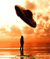 Girl standing in the sea looking to a ufo saucer,3d illustration