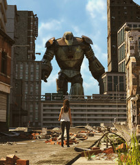 Girl looking at a Robot in abandoned city,3d rendering
