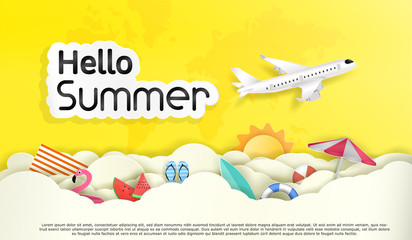 Vector Hello summer And tourism. and the sky with many clouds. And decorative items to hanging adorn the beauty.To feel refreshed and vibrant summer's coming. And a work of origami, or paper cut. 