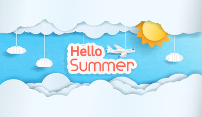 Vector Hello summer and the sky with many clouds. And decorative items to hanging adorn the beauty.To feel refreshed and vibrant summer's coming. And a work of origami, or paper cut.