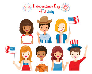 American Children Portrait Celebrating 4th Of July Independence Day, Holding Flags, Wearing Uncle Sam Hat