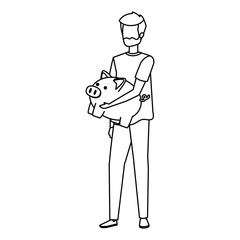 young man lifting piggy savings character