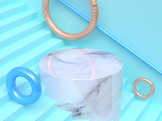 blue abstract steps/staircase scene gold white marble texture geometric shape 3d rendering