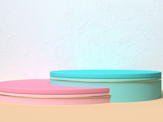 white wall pink green blank podium abstract geometric shape 3d rendering