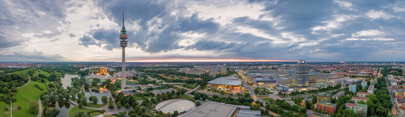 Drone aerial view of Olympiapark and Munich.