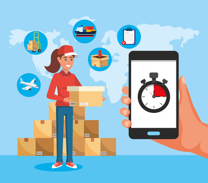 delivery woman with boxes service and smartphone with chronometer