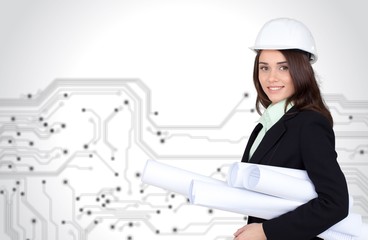 Portrait of young student of architecture  on background