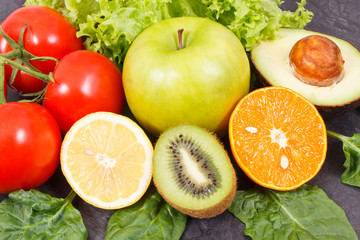 Healthy natural fruits and vegetables. Nutritious food containing minerals and vitamins