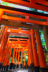 Fushimi Inari-taisha Shrine. Thousands countless vermilion Torii gates with red Japanese lanterns, Fushimi Inari religious center is the most important shinto sanctuary and the oldest in Kyoto, Japan