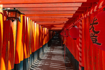 Fototapeta premium Fushimi Inari-taisha Shrine. Thousands countless vermilion Torii gates with red Japanese lanterns, Fushimi Inari religious center is the most important shinto sanctuary and the oldest in Kyoto, Japan