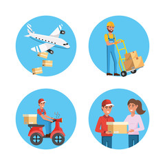 set of delivery men and distribution transport service to packages