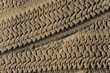 Four wheel drive tyre marks in sand background