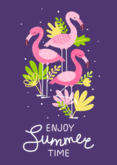 Pink flamingos with color tropical leaves - summer greeting card