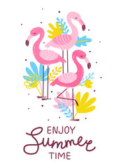 Pink flamingos with color tropical leaves - summer greeting card