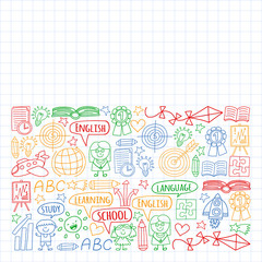 Vector set of english language, children's drawingicons icons in doodle style. Painted, colorful, pictures on a sheet of checkered paper on a white background.