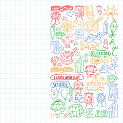 Vector set of english language, children's drawingicons icons in doodle style. Painted, colorful, pictures on a sheet of checkered paper on a white background.