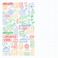 Vector set of english language, children's drawingicons icons in doodle style. Painted, colorful, pictures on a sheet of checkered paper on a white background.