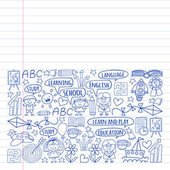 Vector set of earning English language, children's drawingicons icons in doodle style. Painted, black monochrome, pictures on a piece of paper on white background.