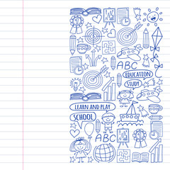 Vector set of earning English language, children's drawingicons icons in doodle style. Painted, black monochrome, pictures on a piece of paper on white background.