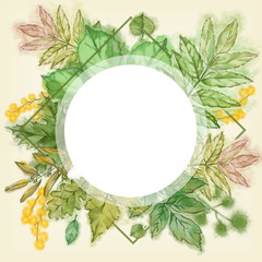 Green Leaf Vignette with Round Copy Space. Botanical Illustration for Print, Background, Advertisement, Card, Invitation, Banner, Announcement, etc.