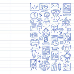 Vector set of bussines icons in doodle style. painted by penon a piece of paper in line.