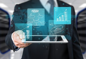 Businessman and tablet pc  with abstract business icon sketches on  background