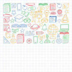 Vector set of secondary school icons in doodle style. Painted, colorful, pictures on a sheet of checkered paper on a white background.