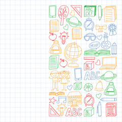 Vector set of secondary school icons in doodle style. Painted, colorful, pictures on a sheet of checkered paper on a white background.