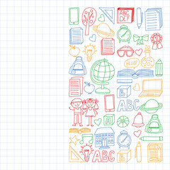 Vector set of secondary school icons in doodle style. Painted, colorful, pictures on a sheet of checkered paper on a white background.