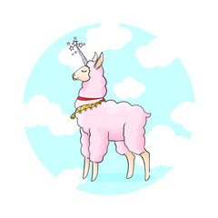 Vector hand draw illustration of llama on colorful background with clouds. Alpaca with motivation text for stickers, posters, postcard or textile.