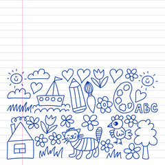 Kindergarten pattern, drawn kids garden elements pattern, doodle drawing, vector illustration, monochrome, line, blue.