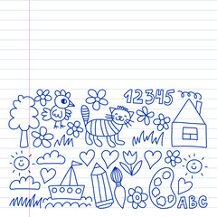 Kindergarten pattern, drawn kids garden elements pattern, doodle drawing, vector illustration, monochrome, line, blue.