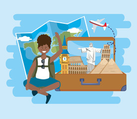 woman sitting with backpack and global map