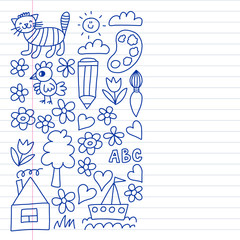 Kindergarten pattern, drawn kids garden elements pattern, doodle drawing, vector illustration, monochrome, line, blue.