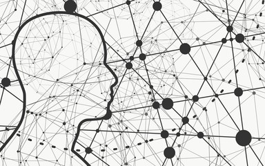 Silhouette of a man head. Mental health relative brochure, report or flyer design template. Scientific medical designs. Connected lines with dots.