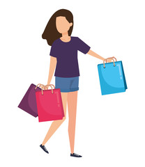 young woman lifting shopping bags character