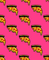 Slice of pizza pattern seamless. flowing cheese ornament. Cartoon fast food vector background
