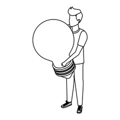 young man lifting bulb light
