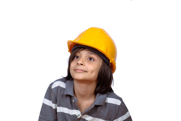 Little boy with construction helmet.