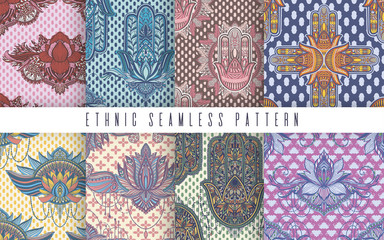Art seamless pattern set lotus flower and hamsa mandala. Ethnic abstract print. Colorful repeating background texture. Culture bohemian ornament.