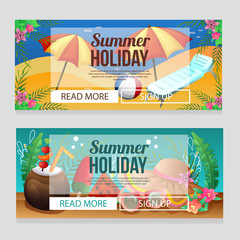 colorful summer holiday banner with beach relax umbrella