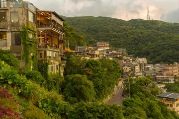 Panoramic view of Hillside Jiufen old village with blue sky in New Taipei City, Taiwan