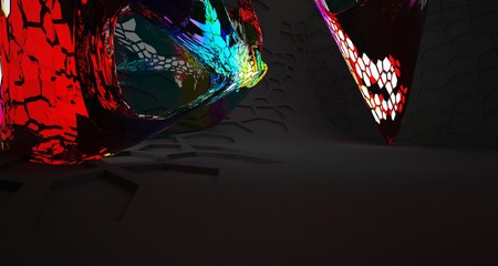 Abstract  Black and Gradient Glass Futuristic Sci-Fi interior With White Glowing Neon Tubes . 3D illustration and rendering.